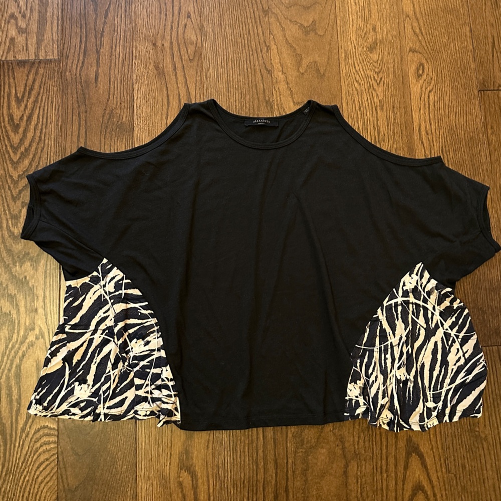 All Saints Black and Beige Cold Shoulder Blouse